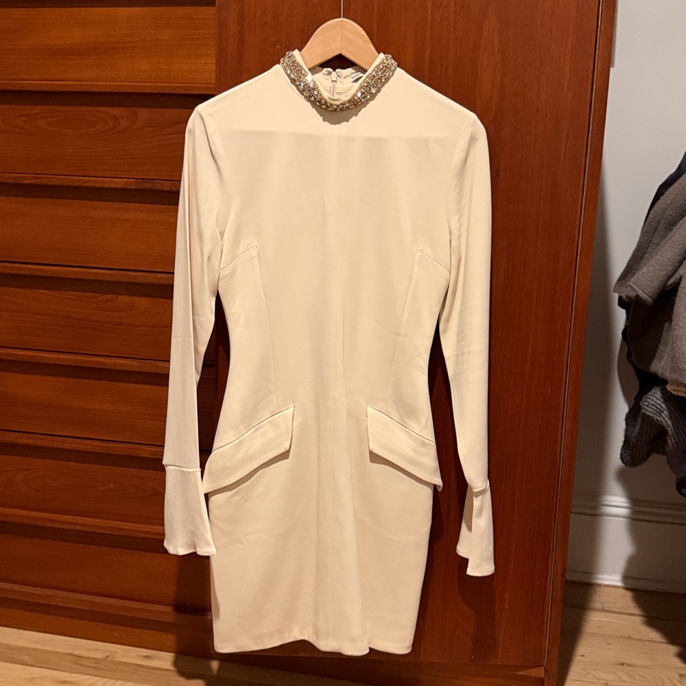 House of cb mahalia longer Cream Mini Dress w/ crystal neck